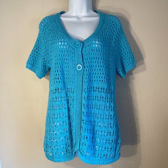 St Johns Bay Aqua Turquoise Cotton Ramie Pointelle Open Weave Cardigan L - Picture 1 of 8
